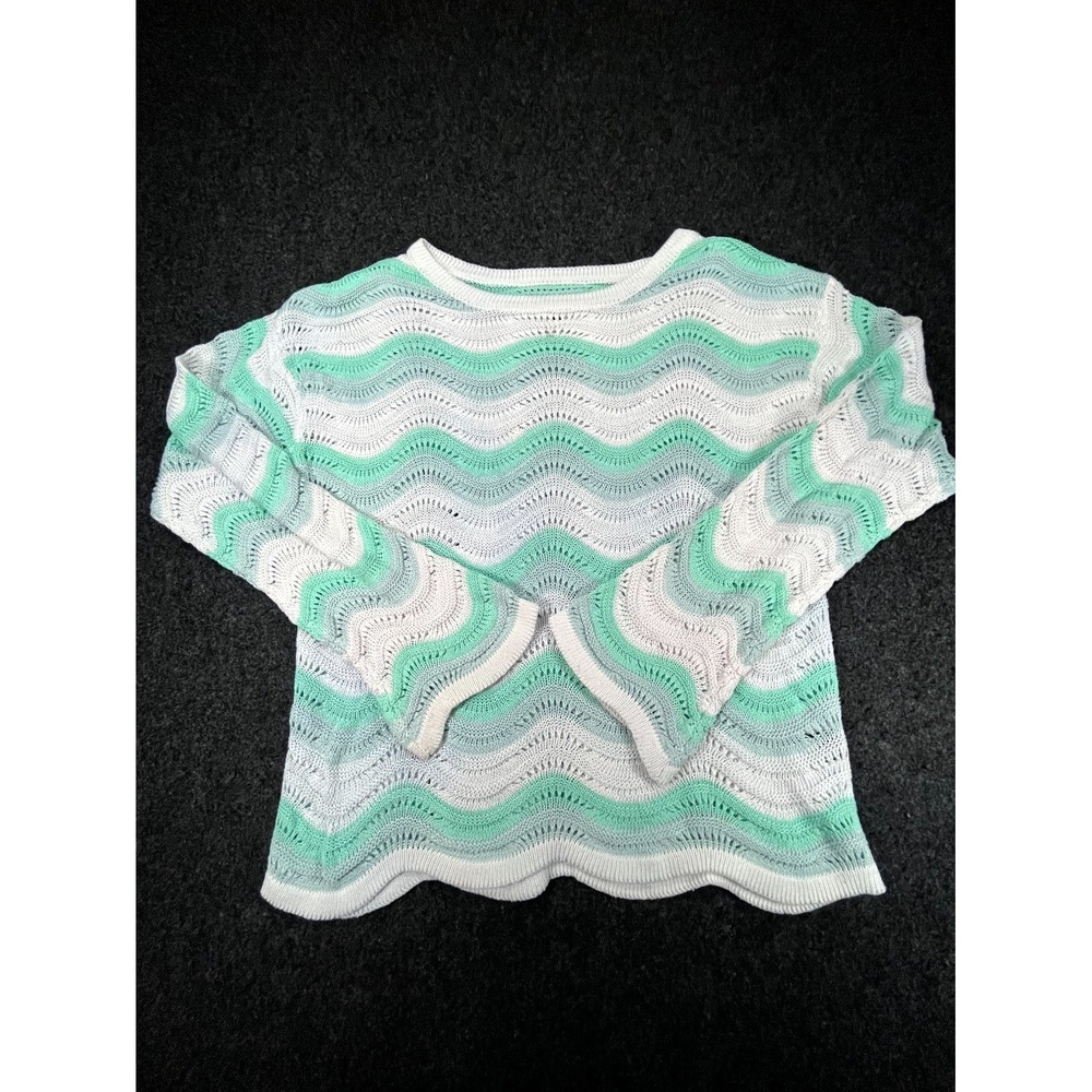 SHEIN Sweater Womens XS Multicolor Striped Open Knitted Crew Neck Scalloped Hem